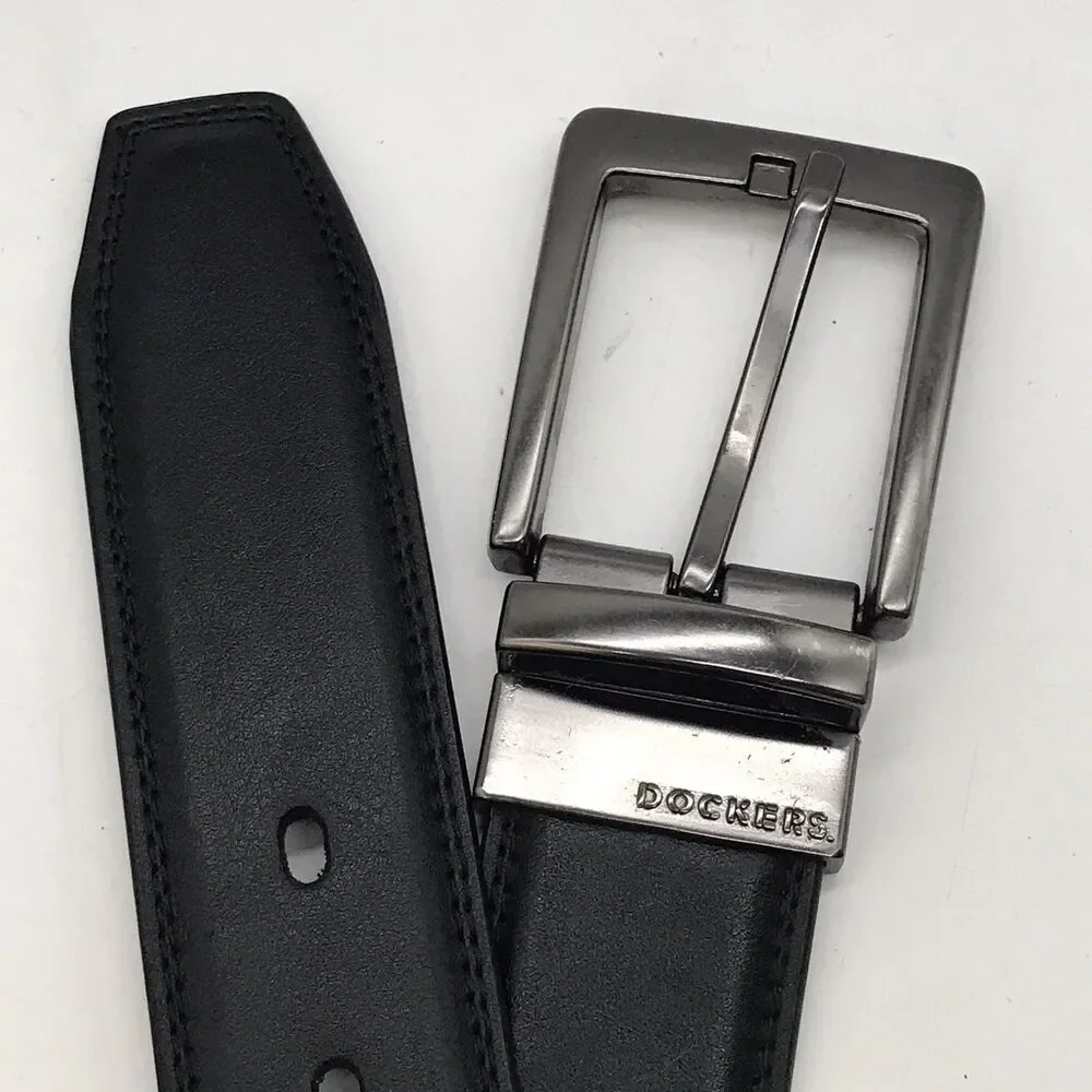 Dockers Black Synthetic Leather Belt Men's 42-44 Nickel Metal Loop Buckle Belt